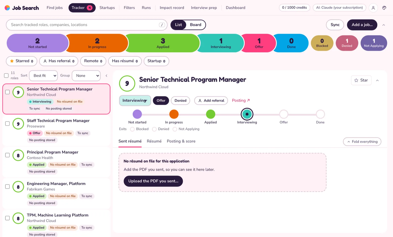 The Job Oyster tracker with application stages and a list of roles scored 8 and 9 out of 10, using made-up jobs.