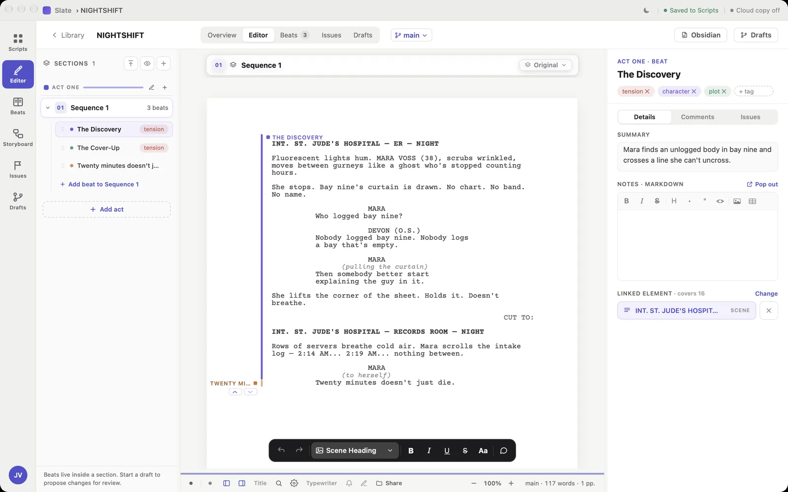 The Slate editor showing a screenplay page, a list of beats on the left and a beat inspector on the right.